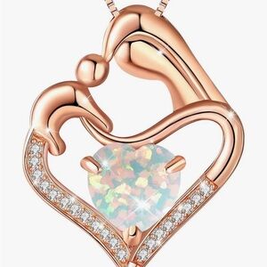 BLOVIN Sterling Silver Rose Gold Plated White Opal Mother Child Heart Necklace